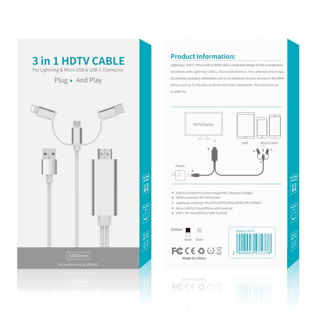 Lightning / Micro USB / Type C (3 EN 1) VERS HDMI Adaptateur Câble TV HDTV