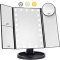 3-Side Foldable Makeup Mirror with 22 LED Lights - 1X/2X/3X/10X Magnification - Black