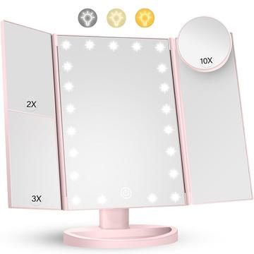 3-Side Foldable Makeup Mirror with 22 LED Lights - 1X/2X/3X/10X Magnification - Pink