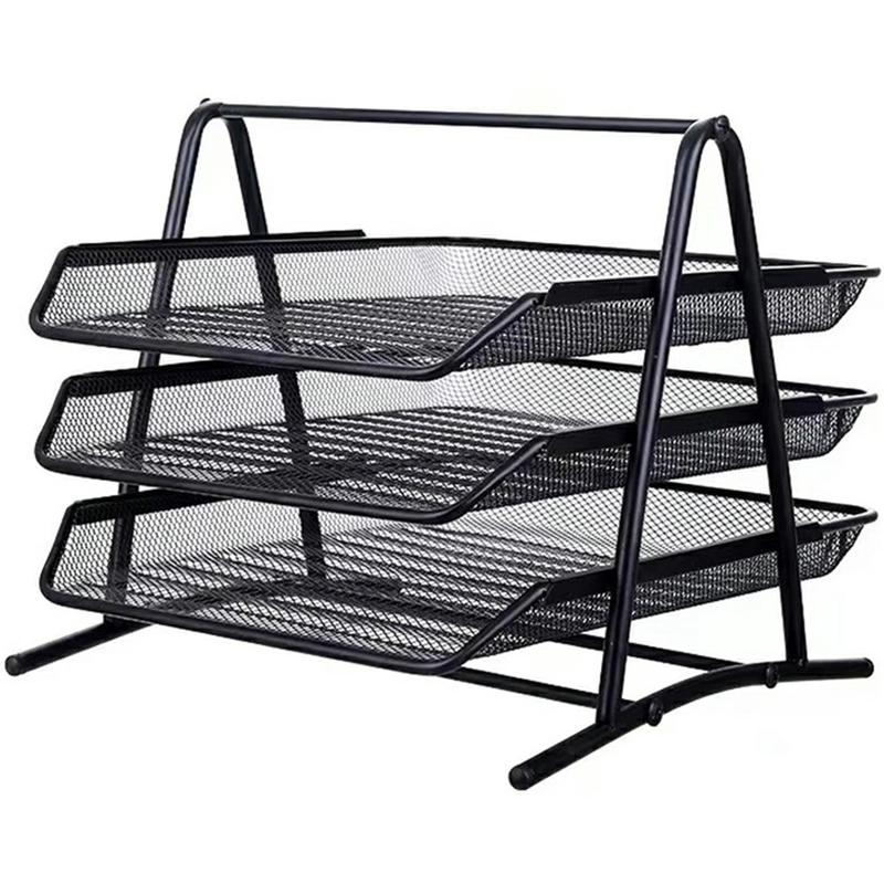 3-Tier Metal Mesh Stackable File Organizer - Black