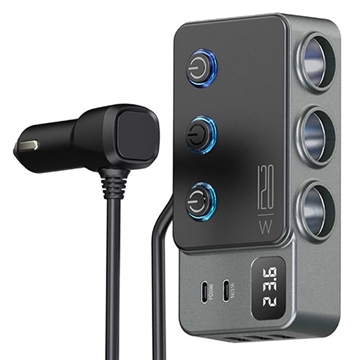 3-in-1 Fast Charging Car Charger PD 35W - Cigarette Lighter Adapter 120W and 5 USB Ports - Black