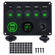 5-Gang Switch Panel with Voltmeter, USB Charger and Cigarette Lighter Socket for RV, Marine and Boat - Green