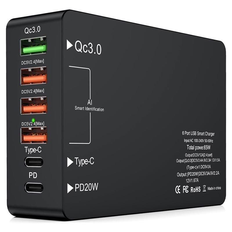 6-Port Fast Charger with USB-C PD QC3.0 - 65W - Black 6-Port Fast Charger with USB-C PD QC3.0 - 65W - Black