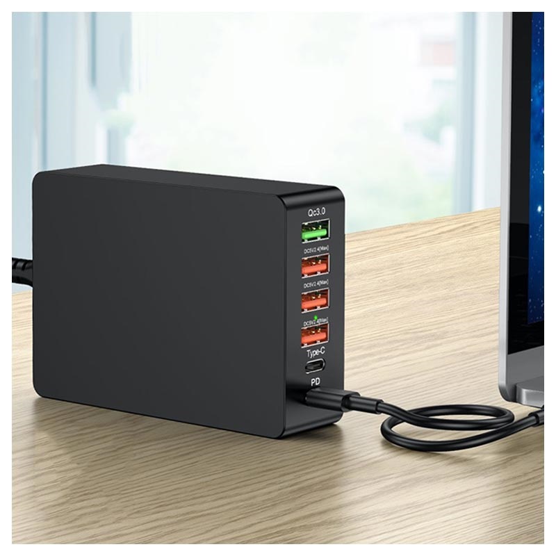 Tour de charge rapide USB C avec 6 ports, 65 W PD et QC 3.0 Multiport 