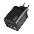 65W GaN Travel Charger - Retractable USB-C Cable, USB-C/USB-A Ports - Black