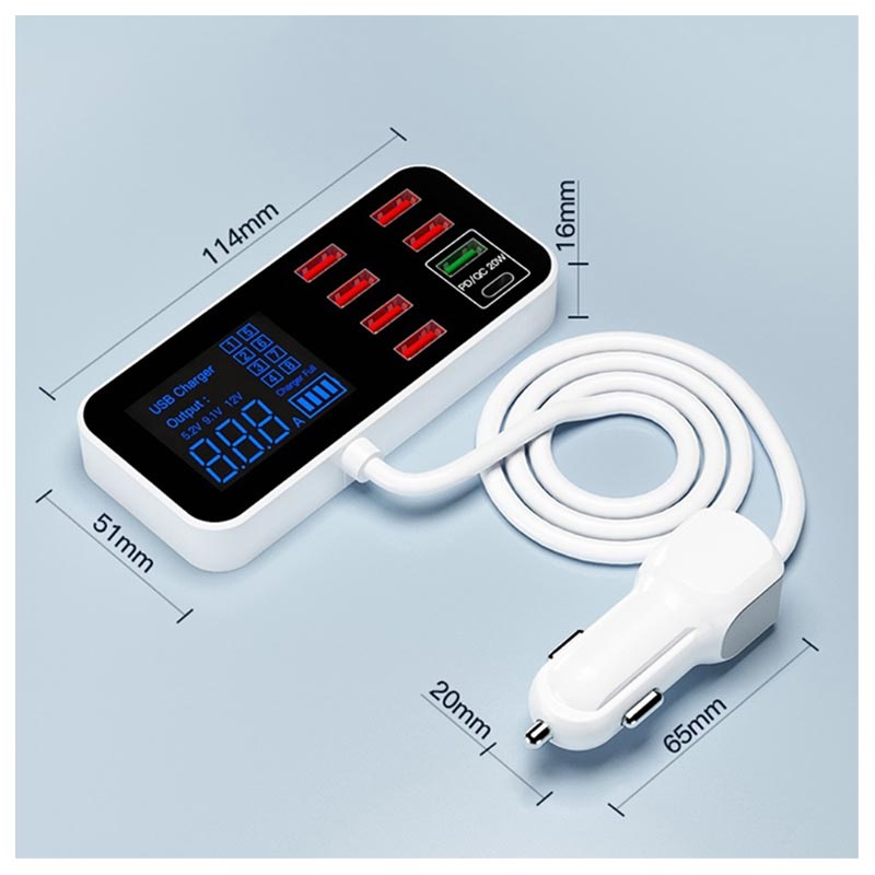 9-Port Car Charger with LCD Display WLX-A9S+ - 7xUSB, QC3.0 USB, PD USB-C -  40W