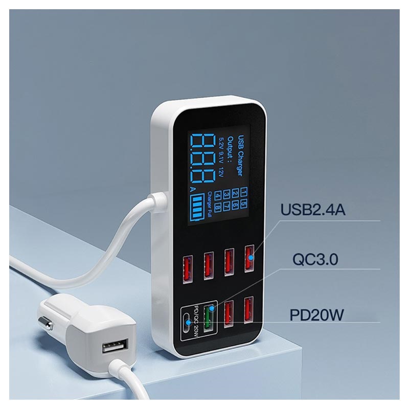 Chargeur Voiture avec 9 Ports et Écran LCD WLX-A9S+ - 7xUSB, QC3.0 USB, PD  USB-C - 40W