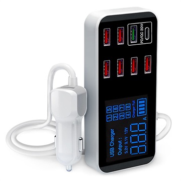 9-Port Car Charger with LCD Display WLX-A9S+ - 7xUSB, QC3.0 USB, PD USB-C - 40W