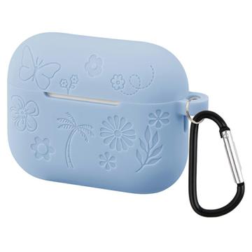 AirPods Pro 3 Flower Pattern Liquid Silicone Case w. Carabiner - Baby Blue