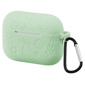 AirPods Pro 3 Flower Pattern Liquid Silicone Case w. Carabiner - Green