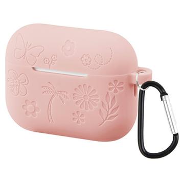 AirPods Pro 3 Flower Pattern Liquid Silicone Case w. Carabiner - Light Pink