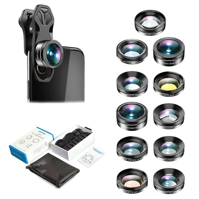 Apexel APLDG11 11in1 Universal Clipon Camera Lens Kit Black