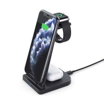 B-12 Universal Desktop Charger 3-in-1 15W Wireless Charging Folding Stand for Mobile Phone / Earphones / Smart Watch - Black