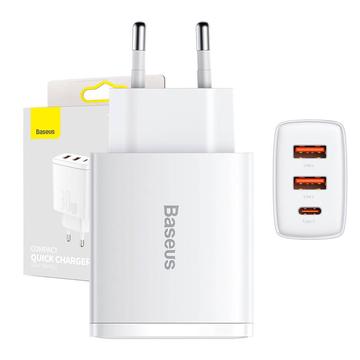 Baseus Compact Quick Charger 30W - USB-C PD, 2xUSB - White