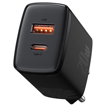 Baseus Compact Wall Charger 20W - USB-C PD3.0, USB QC3.0 - Black