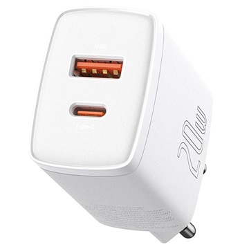 Baseus Compact Wall Charger 20W - USB-C PD3.0, USB QC3.0 - White