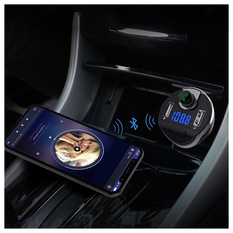 Hands-Free Call ORIA Bluetooth FM Transmitter for Car with mic Inside,AUX Music Player,for Smartphones Wireless Bluetooth Radio Transmitter Car Adapter,Dual USB Charging Ports 