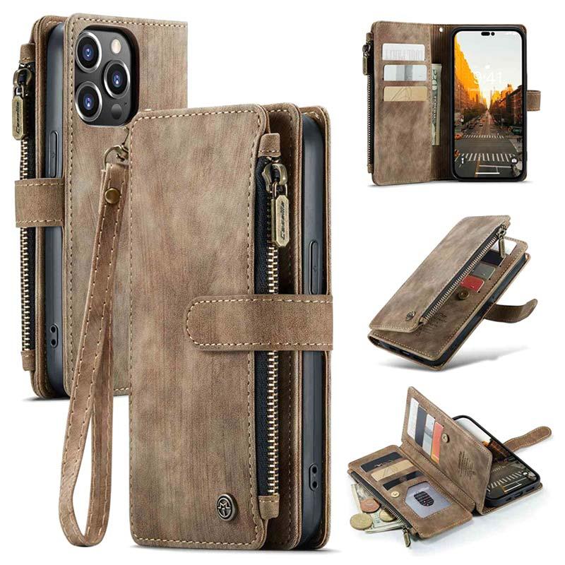 iPhone 14 Pro Max Luxury Leather Zipper Wallet Case with Wrist Strap and 7  Card Slots Brown