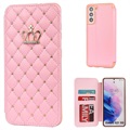 Crown Grid Pattern Samsung Galaxy S21 5G Flip Case - Pink
