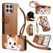Xiaomi 17 Cute Cat Wallet Case with Card Holder, Zipper Pocket & Wrist Strap - Brown