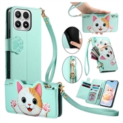 Xiaomi 17 Cute Cat Wallet Case with Card Holder, Zipper Pocket & Wrist Strap - Green