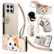 Xiaomi 17 Cute Cat Wallet Case with Card Holder, Zipper Pocket & Wrist Strap - Khaki