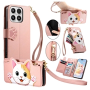 Xiaomi 17 Cute Cat Wallet Case with Card Holder, Zipper Pocket & Wrist Strap - Pink