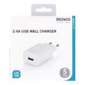 Deltaco USB Wall Charger - 2.4A - White