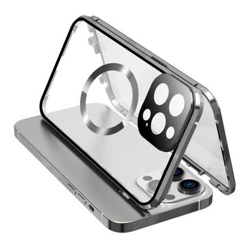 Dual-Sided Tempered Glass+Magnetic Metal Frame Anti-Drop Case for iPhone 15 Compatible with MagSafe Phone Cover with Buckle Lock - Silver