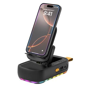 F15 3-in-1 Foldable Phone Holder with Bluetooth Speaker and 1200mAh Power Bank - Black
