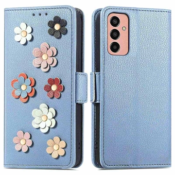 Flower Decor Series Samsung Galaxy M13 Wallet Case - Blue