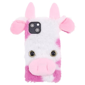 Fluffy Plush iPhone 13 Mini Hybrid Case - Pink Cow
