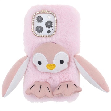 Fluffy Plush iPhone 13 Pro Max Hybrid Case - Pink Penguin