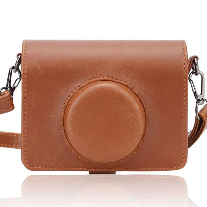 Instax mini Evo PU Leather Retro Camera Bag Antidrop Protective Cover with Shoulder Strap Brown