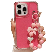 iPhone 16 Pro Max Glitter Shockproof Hybrid Case with Wrist Strap - Hot Pink