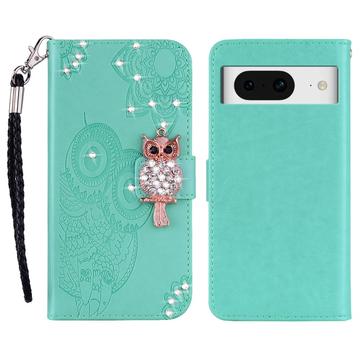 Google Pixel 8 Owl Rhinestone Wallet Case - Cyan