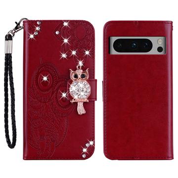 Google Pixel 8 Pro Owl Rhinestone Wallet Case - Red