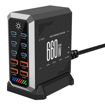 HHW 660W GaN 10-Port USB-C Charger Station with Display - 6xUSB-C, 4xUSB-A - Black
