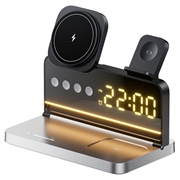 HT-568 3-in-1 Magnetic Wireless Charger with Alarm Clock & Desk Lamp - Black