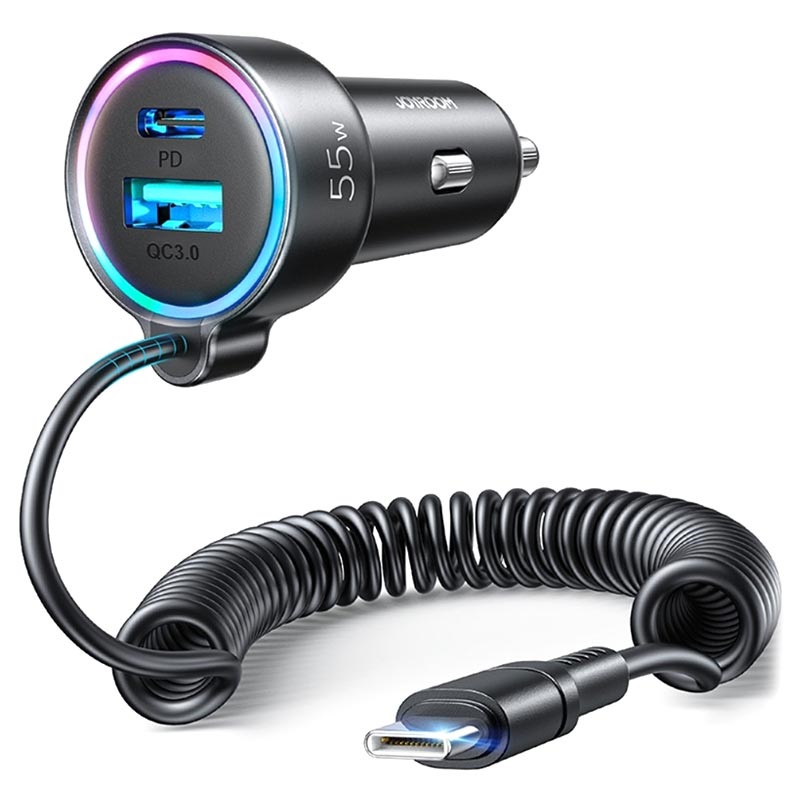 Câble de charge rapide voiture Joyroom USB-A vers Type-C Easy-Travel Series  3A 1,5m enroulé - Noir 