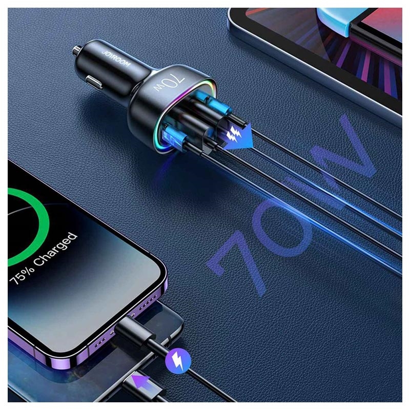 66W Car Charger 4USB Super Fast Charging With Digital Display And Ambient  Light Car Mobile Phone Charger Adapter Car Interior Accessories