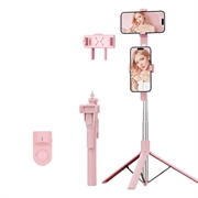 K50 Dual Phone Clip Bluetooth Selfie Stick Tripod with Remote Control - Pink
