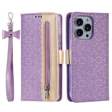 Lace Pattern iPhone 14 Pro Max Wallet Case - Purple
