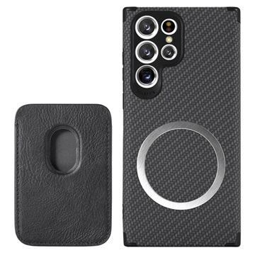 Samsung Galaxy S22 Ultra 5G Magnetic Case with Card Holder - Carbon Fiber - Black