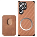 Samsung Galaxy S22 Ultra 5G Magnetic Case with Card Holder - Carbon Fiber - Brown
