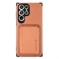 Samsung Galaxy S22 Ultra 5G Magnetic Case with Card Holder - Carbon Fiber - Brown