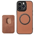 iPhone 15 Pro Magnetic Case with Card Holder - Carbon Fiber - Brown