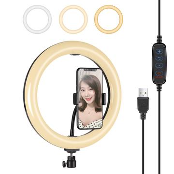 PULUZ PU397 10-inch 3 Modes Dimmable LED Ring Photography Video Light with Mobile Phone Clip for Vlogging - Black