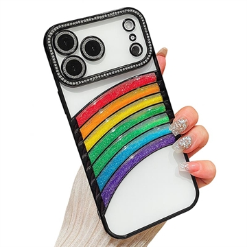 iPhone 17 Pro Max Rainbow Quicksand Hybrid Case with Rhinestone Camera Decor