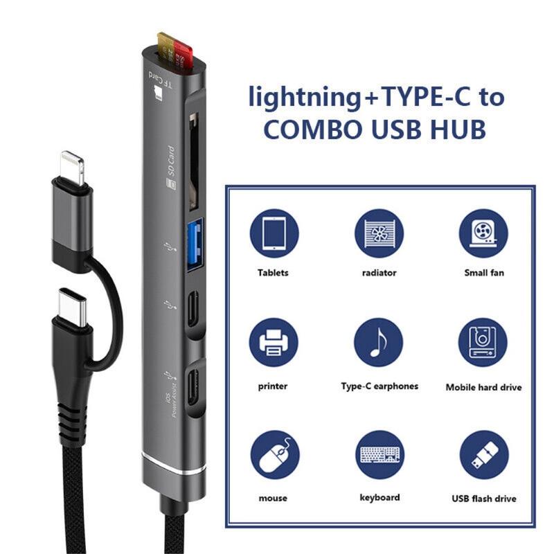 SVT02 For iPhone+Type-C Hub Adapter to 2 Type-C Ports+USB+2 Card Reader ...